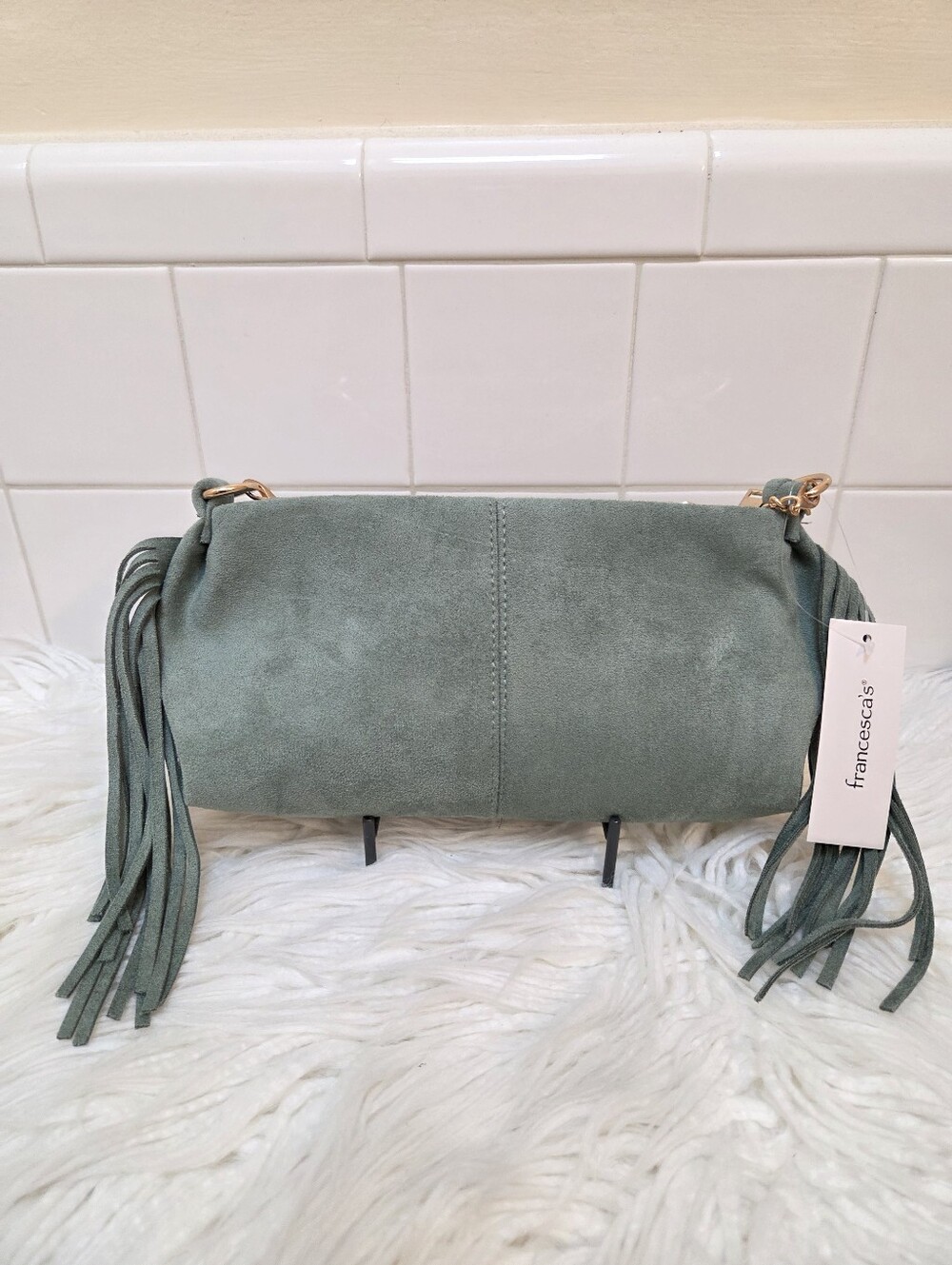 Francesca's Collections Sage Green Faux Suede Fringe Crossbody